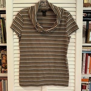 Ann Taylor Gray/Brown/Tan/Cream Striped Cowl Neck Short Sleeve Tee M